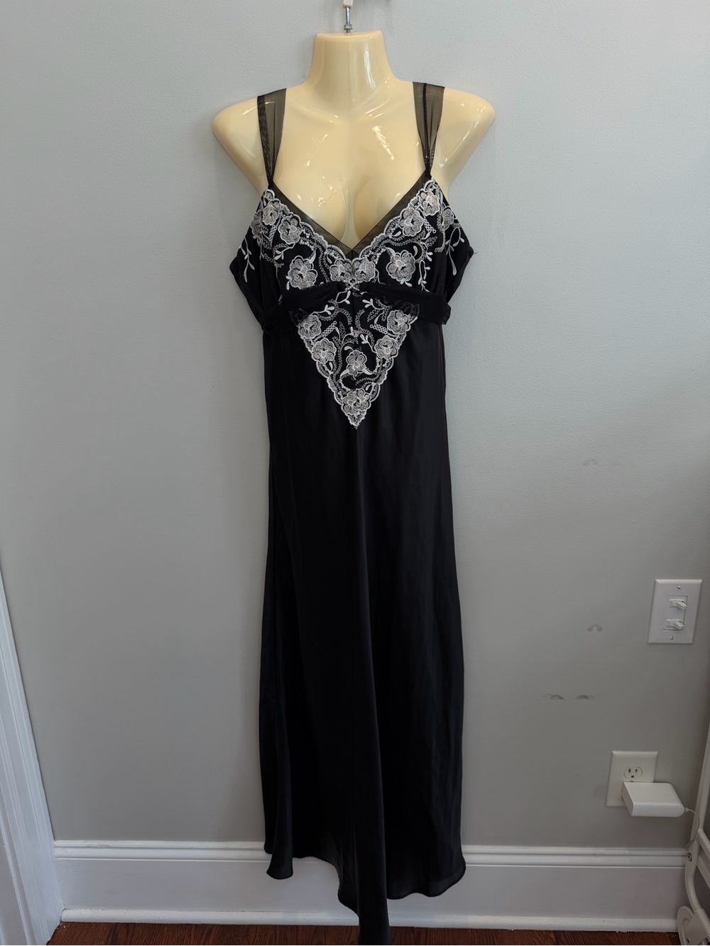 Flora Black satin slip dress with lace trim women’s L Embroidery Lingerie Maxi